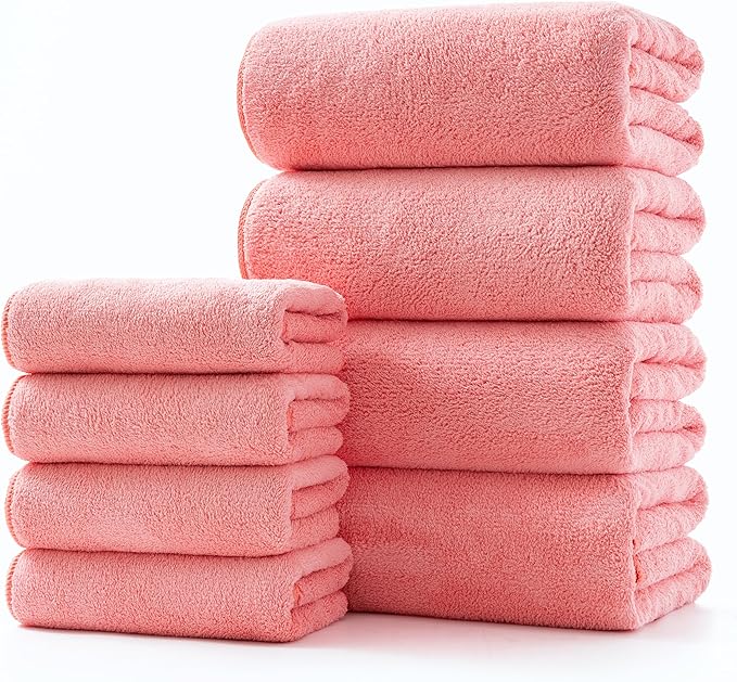 Lumimi Towel Set of 8 Very Soft Microfiber 4 Bath and 4 Hand Towels Quick Dry Light Weight for Bathroom Gym Salon, 8 Pack Pink Red