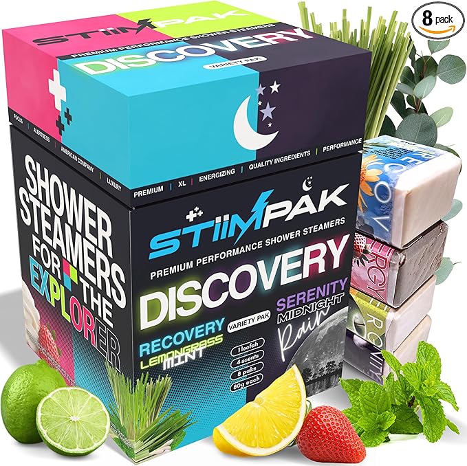 Shower Steamers Variety Pack | XXL 80g Extra Strength Aromatherapy | for Sinus Relief, Energy, Relaxation & Connection | Pure Essential Oils & Core Ingredients | Discovery by STiiMPAK (8 Pak)