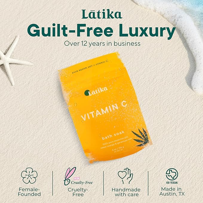 Latika Soaks Set of 3 - Vitamin C Bath Soaks with Sweet Orange and Geranium Rose - Moisturizing Epsom Salt Soaks for Stress Relief, Detox, and Antioxidant Skincare - At Home Spa Retreat