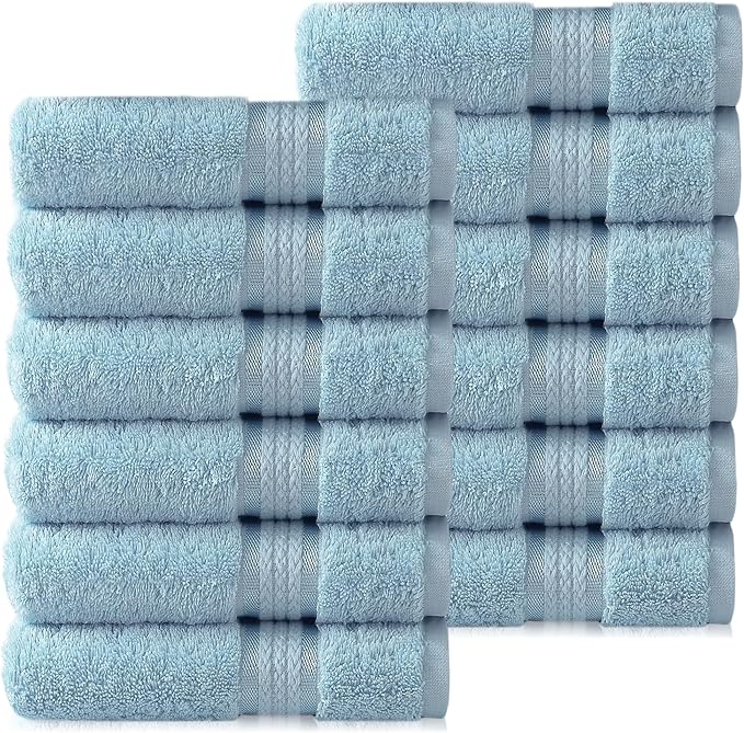 COTTON CRAFT Ultra Soft Washcloths - 12 Pack 100% Cotton Facecloths - Baby Wash Cloth Set - Absorbent Quick Dry Everyday Luxury Bathroom Kitchen Spa Gym Pool Dorm - Plush 580 GSM - 12x12 - Light Blue