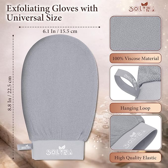 Exfoliating Gloves – 100% Vegan Viscose Kessa Mitt for Dead Skin Removal, Self-Tan Fade, and Keratosis Pilaris – Dual-Texture Glove for Spa & Massage (2 Pack, Gray/Orange)