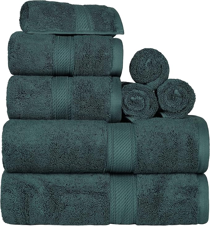 SUPERIOR Egyptian Cotton Pile 8 Piece Towel Set, Includes 2 Bath, 2 Hand, 4 Face Towels/Washcloths, Ultra Soft Luxury Towels, Thick Plush Essentials, Guest Bath, Spa, Hotel Bathroom, Teal