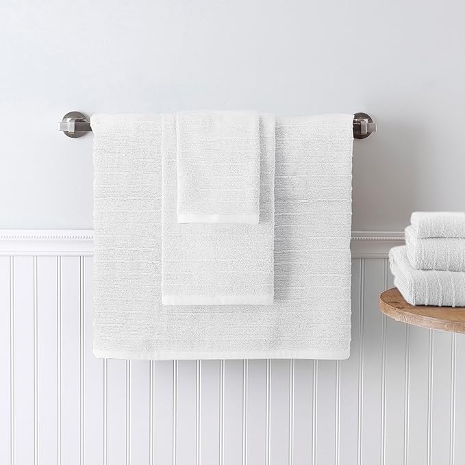 Welhome James 100% Cotton Textured Stripe Towel Set - 6 Piece Set of 2 Bath Towels, 2 Hand Towels, 2 Washcloths, Soft & Absorbent, White