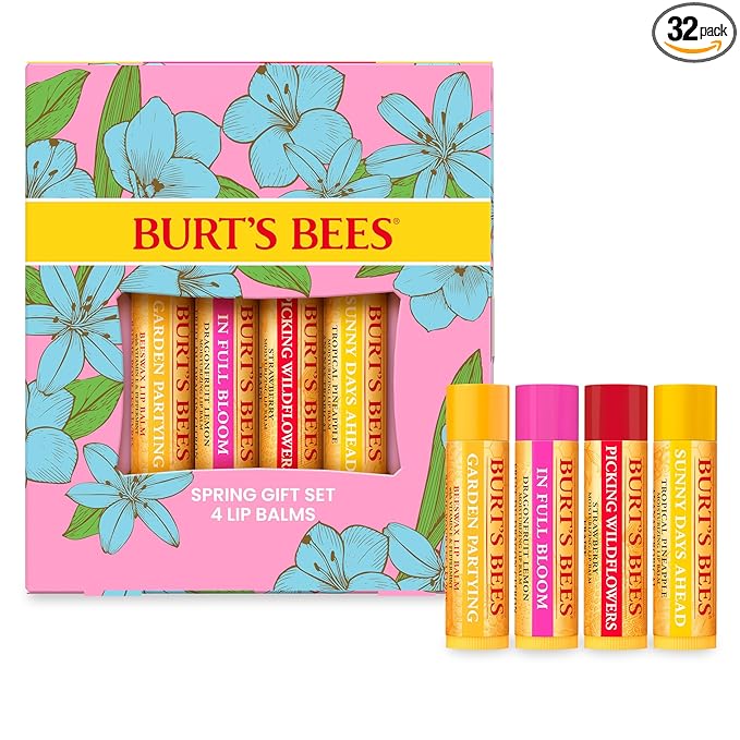 Burt's Bees Gifts Ideas - In Full Bloom Lip Balm Set, Original Beeswax, Dragonfruit Lemon, Tropical Pineapple & Strawberry, Natural Origin Lip Treatment, 4 Tubes, 0.15 oz. (Pack of 8)