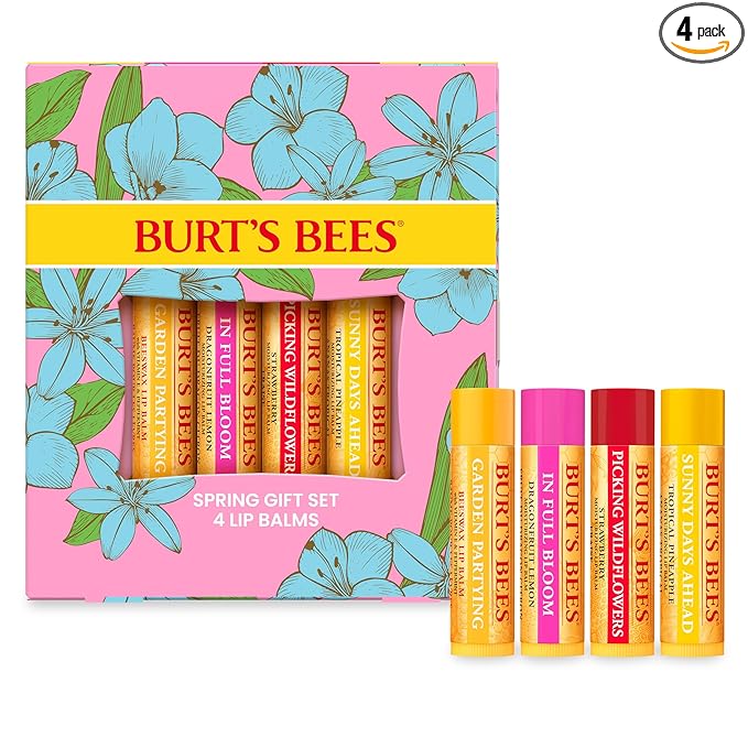 Burt's Bees Gifts Ideas - In Full Bloom Lip Balm Set, Original Beeswax, Dragonfruit Lemon, Tropical Pineapple & Strawberry, Natural Origin Lip Treatment, 4 Tubes, 0.15 oz.