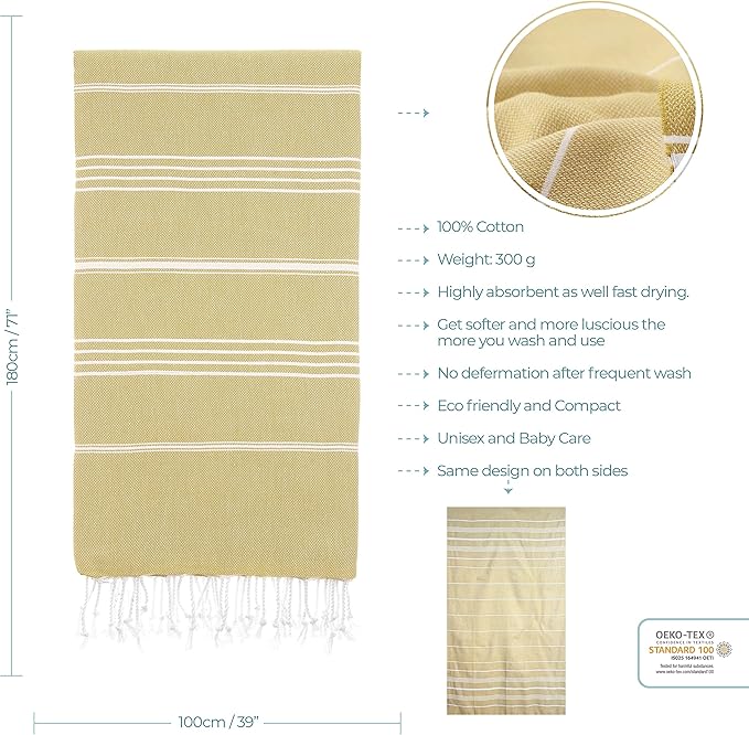 Cacala Lightweight and Thin Turkish Beach Towel 100% Cotton Sand-Free and Quick-Drying Goodness Perfect as an Extra Large Travel Towel, Beach Accessory, or Gift for Beach Lovers, 37 x 70