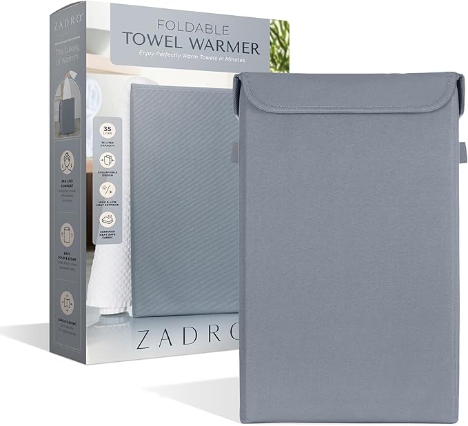 Zadro Foldable Towel Warmer, Folding Heat-Resistant Fabric, XLarge 35 Liter Capacity, Dual Even-Surround Heat Modes, Collapsible Space-Saving Design (Gray, 35L - 19.5"x12"x12")