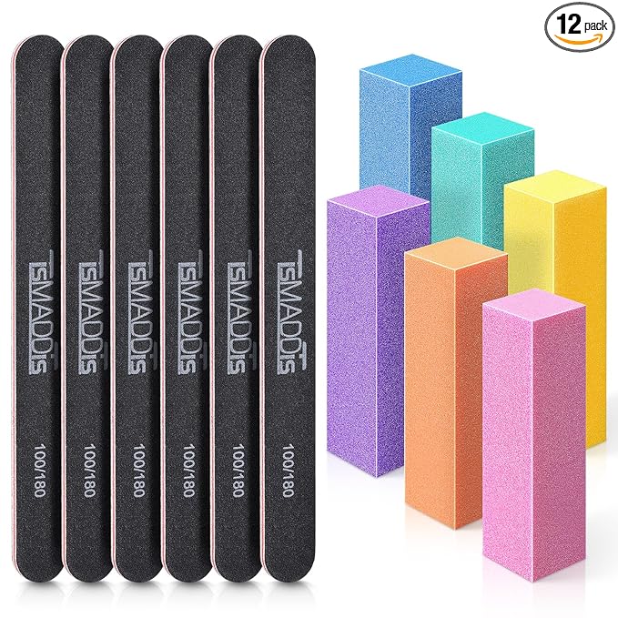 TsMADDTs Nail Files and Buffers, Professional Manicure Tools Kit Rectangular Art Care Buffer Block Tools 100 180 Grit 12 pcs(Black)