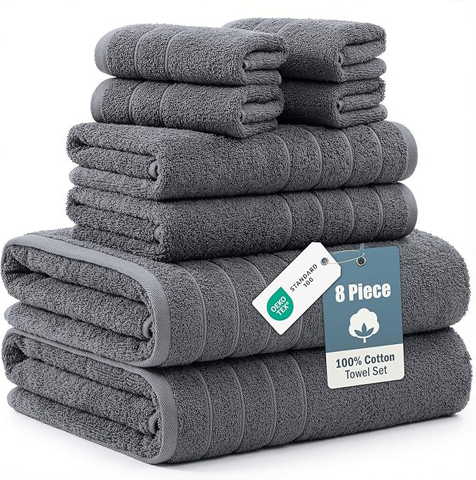 Casa Platino Premium Cotton Towels Set for Bathroom - 8 Pc Value Pack - Mercerized, Soft & Quick Dry - 2 Bath, 4 Washcloths, 2 Hand Towels - Oeko TEX Certified, Tumble Dry Safe & Durable - Cool Grey