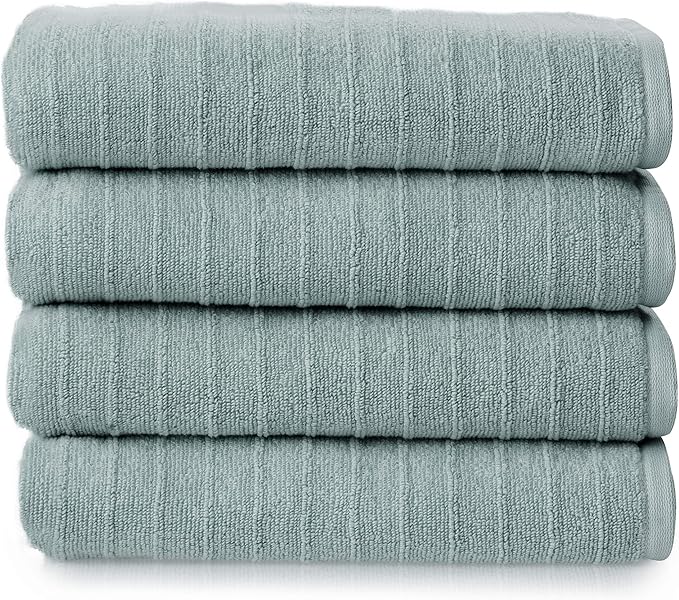 Welhome James 100% Cotton Textured Stripe Towels - 4 Pack Bath Towels, Soft & Absorbent, Mineral