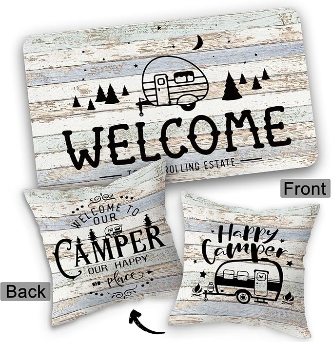 Welcome to Our Rolling Estate Soft Diatom Mud Absorbent Bath Rug 17”x30”,Welcome to Our Happy Camper Reversible Throw Pillow Cover 18”x18”,Set of 1 Pillow Cover 1 Doormat,Campsite RV Decor