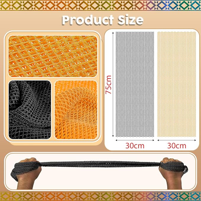 Authentic African Net Sponge - 2 Pieces Deep Clean Exfoliating Sponge - Soft Weave for Gentle Exfoliation, All-Skin-Type Shower Accessory (Black Orange)