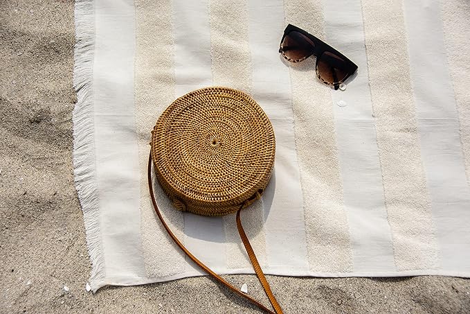 Lightweight Turkish Beach Towel - 100% BCI Cotton, Unbleached Raw Fringe, Oeko-TEX Certified, Absorbent, Eco-Friendly, 36x66”, Natural Stripes, Portable Sarong Blanket for Pool, Travel
