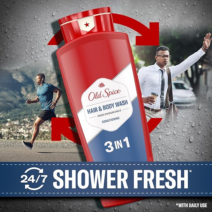 Old Spice Refreshing 2-in-1 Hair & Body Wash Conditioner for Men, High Endurance, 3X Defense, 24/7 Shower Fresh with Lasting Scent, Scented, 24 oz (Pack of 4)