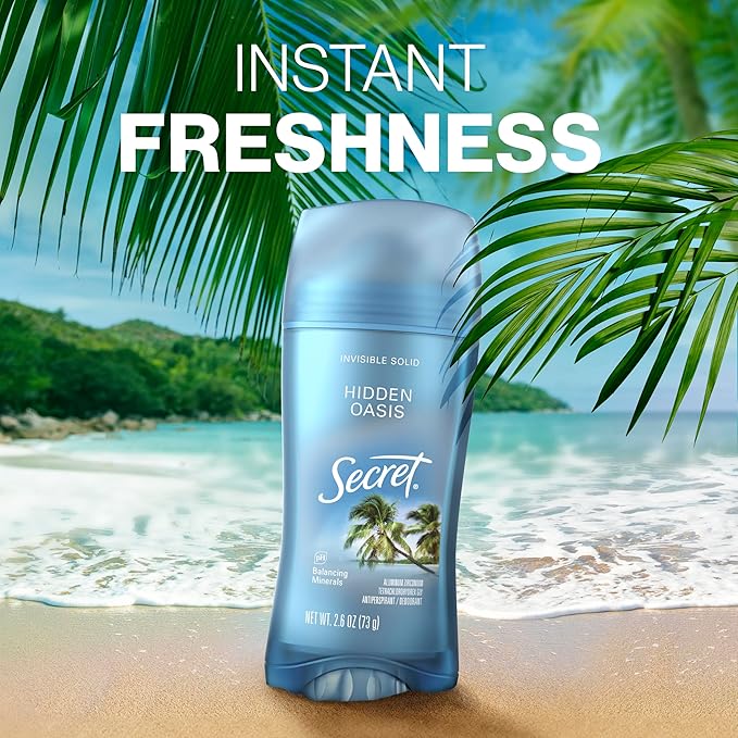 Secret Fresh Antiperspirant Deodorant for Women, 72hr Breathable Sweat & Odor Protection, Instant Freshness & Gentle, PH Balancing Minerals, Invisible Solid, Hidden Oasis Scent, 2.6 oz