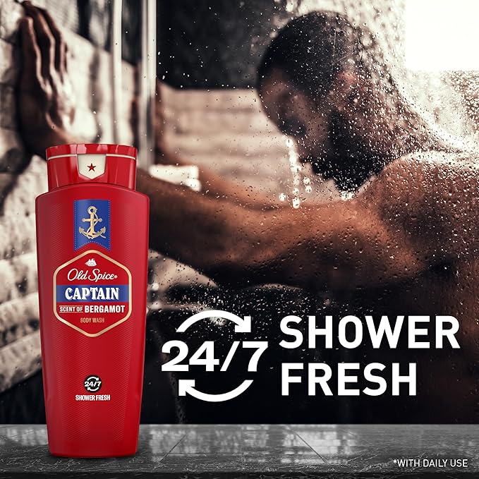 Old Spice Refreshing Body Wash for Men, 3X Defense, 24/7 Shower Fresh with Long Lasting Scent, Red Collection, Captain with Bergamot Scent, 24 oz (Pack of 4)