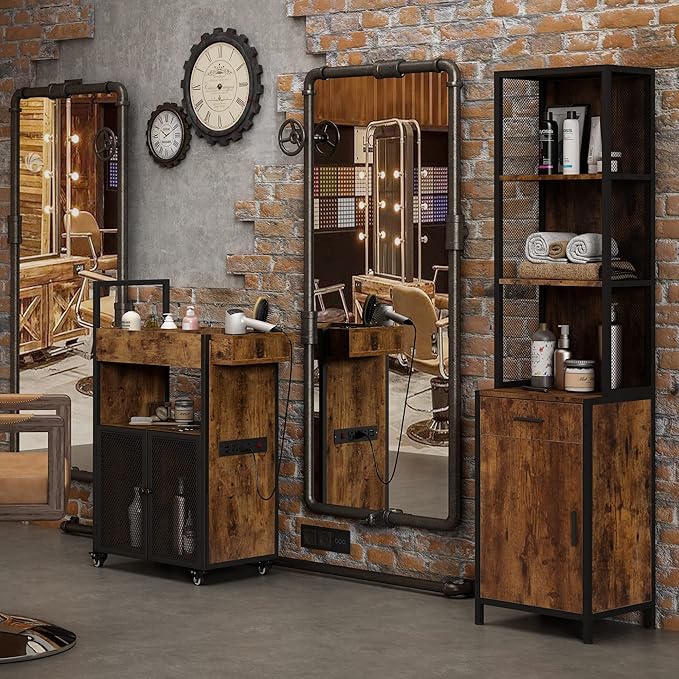 RESHABLE Industrial Salon Station with 3-Tier Storage Shelf, Cabinets and Storage for Hair Stylist, Beauty Spa Equipment, Rustic Brown