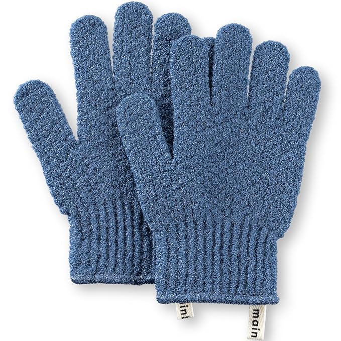MainBasics Deep Exfoliating Bath Gloves - Heavy-Textured Nylon Shower Scrub for Dead Skin Removal - Machine Washable (1 Pair, Pigeon Blue)