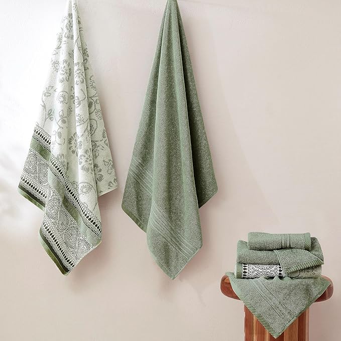 Modern Threads Floral Trail 6-Piece 100% Cotton Towel Set – Reversible Yarn Dyed Jacquard – Includes 2 Bath Towels, 2 Hand Towels, 2 Washcloths – Absorbent, Quick Dry, Soft & Durable – Sage Green