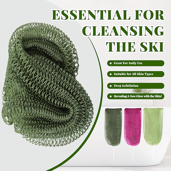 African Net Sponge Authentic, 3 Pieces Exfoliating Scrubber Bath Sponge for All Skin Types, Back Scrubber Loofah Washcloth for Shower, Gentle Exfoliation (Dark Green,Light Green,Rose Red)