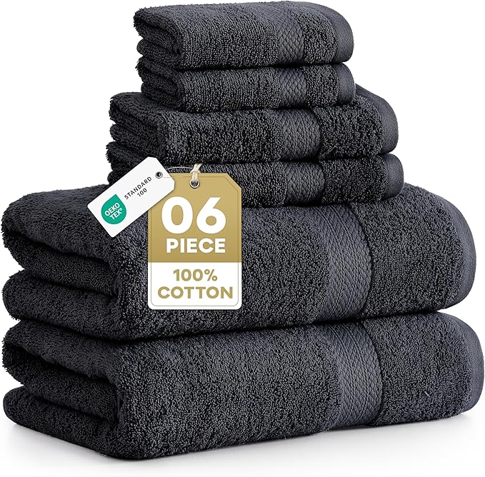 LANE LINEN 100% Cotton Towel Set for Bathroom - 6 Piece - Super Soft, Hotel Quality - 2 Bath, 2 Wash cloths, 2 Hand Towels for Bathroom - Classic, Gentle on Skin, Ideal for Spa & Daily Use - Black