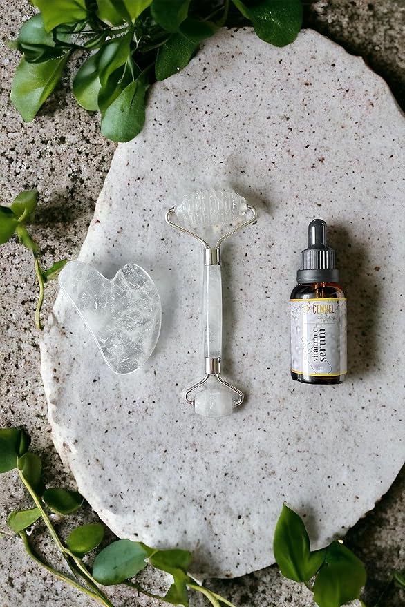 100% Real Crystal Jade Stone Roller and Gua Sha Set with Vitamin C Serum | Great for Eye Puffiness Treatment, Skin Tightening, Anti Aging, Rejuvenate Face & Neck | Great Gift for Women & Men (Crystal)