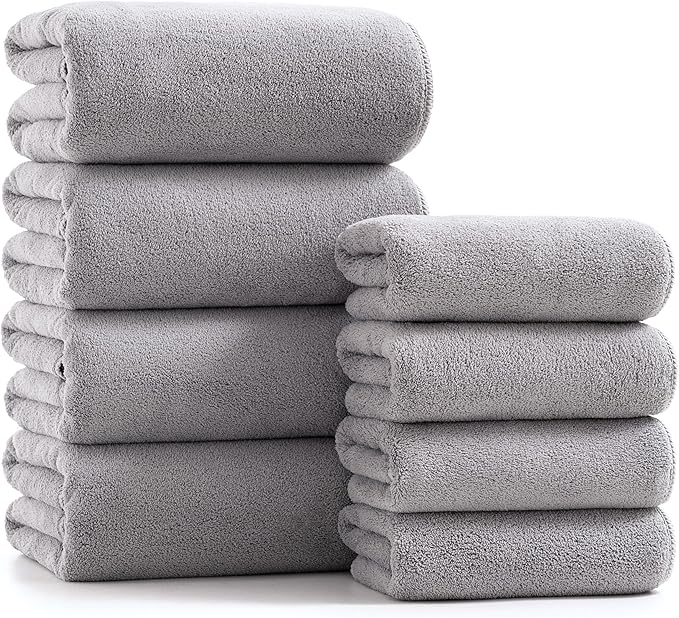 sakano Microfiber Bath Towel Set Ultra Soft Absorbent Speedy Drying Fade Resistant, 4 Bath Towels and 4 Hand Towels, Perfect for Family Bathroom, Gym, and Spa Use - Light Grey