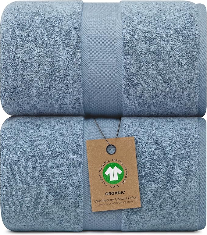Alusa Home 100% Organic Luxury Bath Sheets - GOTS Certified - Extra Large 35x70 Inches (Pack of 2) Zero-Twist, Long-Staple Cotton Bath Sheet Set (Chambray)