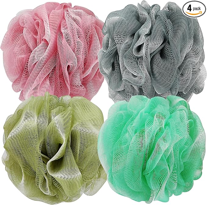 DadyMart Bath Shower Loofah Sponge 60g Bath Mesh Pouf Shower Ball Body Scrubber Exfoliating Bath Sponge for Women and Men, Set of 4, Gold and Grey