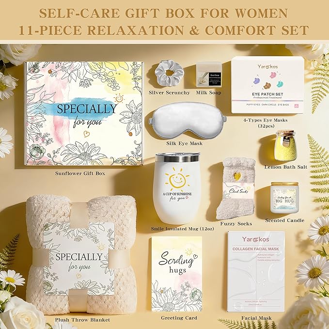 Birthday Gifts for Women - 11 Pcs Self Care Gift Basket Set for Sister Friend Mom - Get Well Soon Gift Box - Recovery After Surgery Care Package - Friendship Cheer Up Inspirational Thank You Present