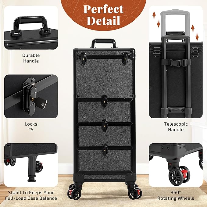 Rolling Makeup Train Case with 3 Drawers, Nail Trolley Cart Salon Station Cosmetology Case on Wheels Organizer Cases for Nail Tech,SPA,Face Painting,Hairstylist,Makeup Artist (Black)