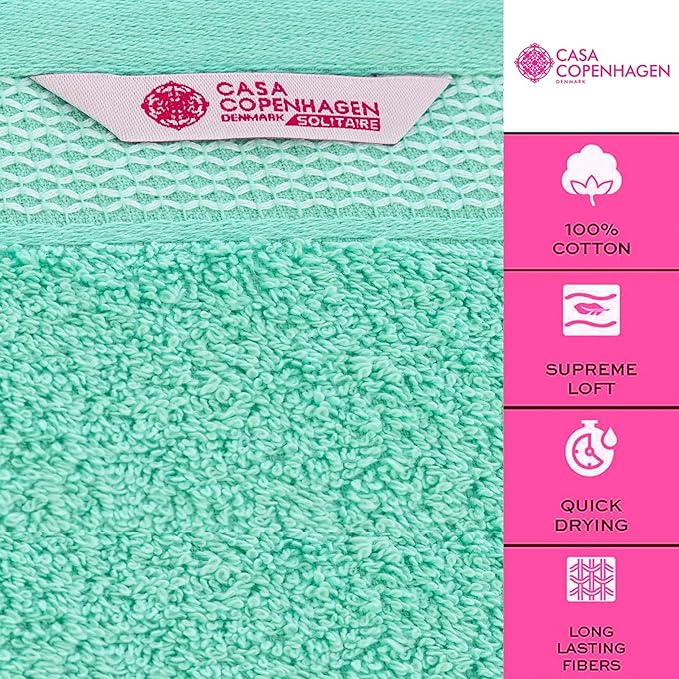 CASA COPENHAGEN Solitaire 6Pcs 100% Egyptian Cotton Large Designer Towels Gift Set- Aqua Blue, 600GSM, 2Bath 2Hand 2Washcloths, Bath Towels for Bathroom Set for Women & Men