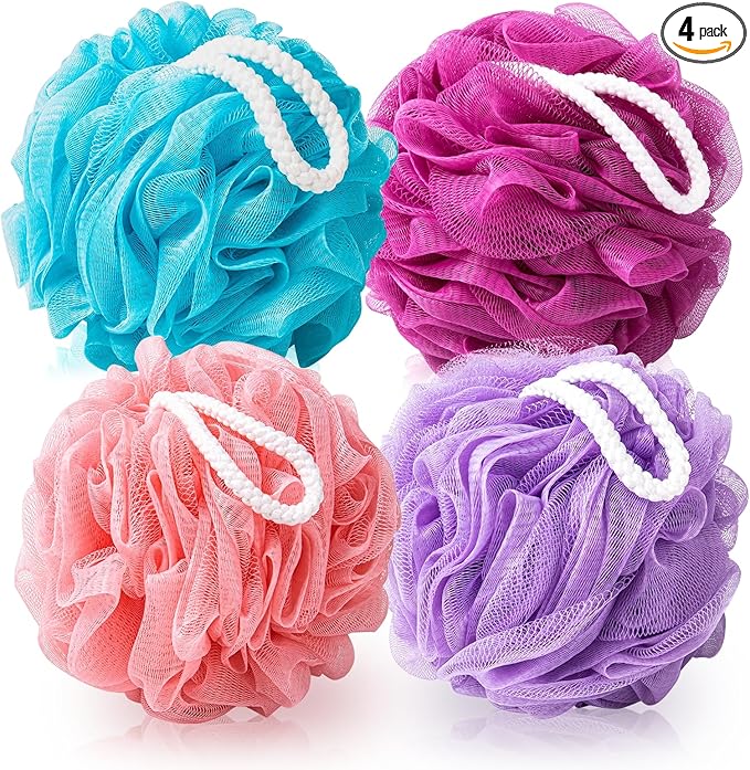 MTDLYICE Loofah for Women 75g 4 Pack, Bath Sponge Soft Mesh Shower Puff Loofah Sponge, Exfoliating Body Scrubber, lufas for Women, Shower Accessories (Purple Red Pink Blue)