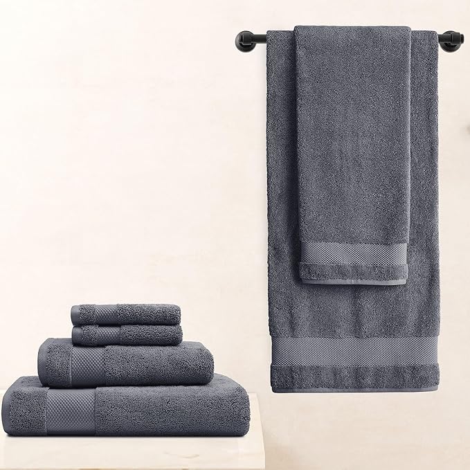 BIOWEAVES 100% Organic Cotton 700 GSM Plush 6-Piece Towel Set GOTS Certified, 2 Bath Towels, 2 Hand Towels & 2 Washcloths - Charcoal