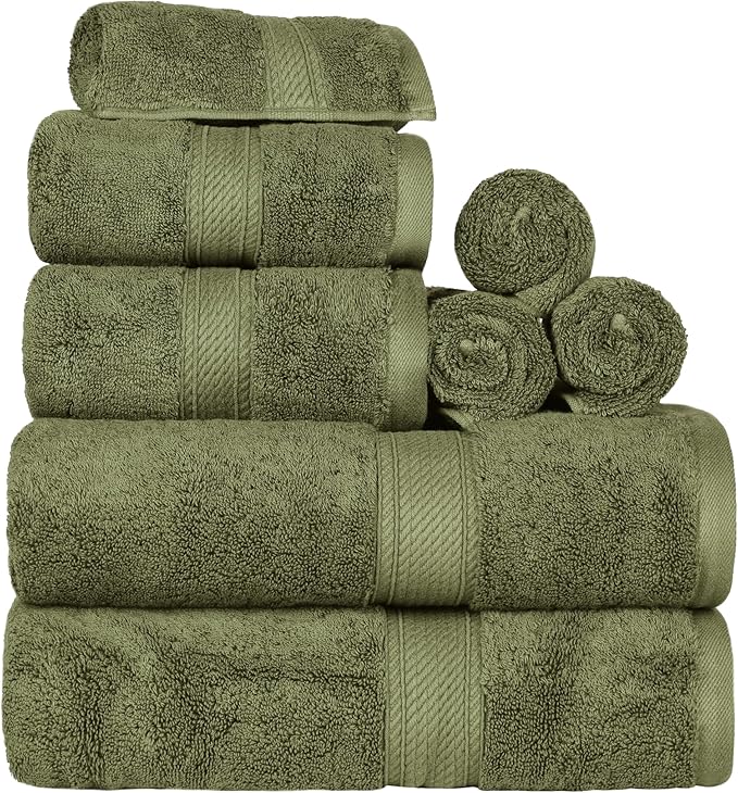 Superior Egyptian Cotton Pile 8 Piece Towel Set, Includes 2 Bath, 2 Hand, 4 Face Towels/ Washcloths, Ultra Soft Luxury Towels, Thick Plush Essentials, Guest Bath, Spa, Hotel Bathroom, Forest Green