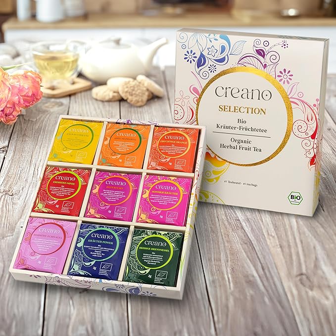 Creano Organic Herbal & Fruit Tea Gift Set – 45 Organic Tea Bags in 9 Dreamy Varieties – 90 g*
