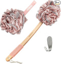 Toem® Loofah Back Scrubber for Shower | Bamboo Charcoal Fiber Infused | Loufas for Men & Women | Includes 1 Long Handled Shower Sponge, 1 Bath & Shower Luffa Pouf & 1 Hook to Hang Stuff (Rose Pink)
