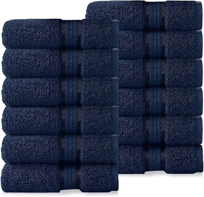 COTTON CRAFT Ultra Soft Washcloths - 12 Pack 100% Cotton Facecloths - Baby Wash Cloths - Absorbent Quick Dry Everyday Luxury Bathroom Kitchen Spa Gym Pool Dorm - Plush 580 GSM - 12x12 - Navy