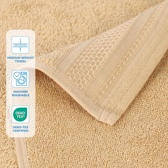 Superior Honeycomb 100% Cotton 500 GSM 12 Piece Bath Towel Set, 6 Washcloths, 4 Hand, 2 Bath Towels, Ideal for Bathroom, Kitchen or Beach, Quick Dry, Jacquard and Solid, Mid-Weight, Gold