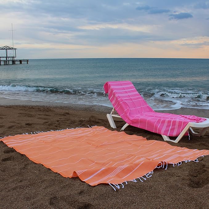 Bersuse Towels Anatolia XL Beach Blanket Throw Blanket Turkish Towel 100% Cotton Extra-Large Quick-Dry Lightweight Premium Peshtemal Towel - 61x82 Inches, Orange (Set of 3)