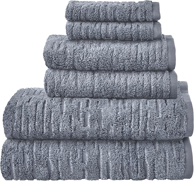 SKL Home CloudSoft 100% Cotton Luxury 6-Piece Towel Set, 600 GSM, Ultra Plush & Absorbent - 2 Bath Towels, 2 Hand Towels, 2 Washcloths, Smoke Blue