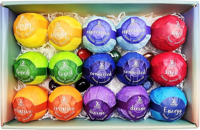 Chakra Healing Gemstones Bath Bombs. 15 Essential Oil Bath Bombs. Real Chakra Stones Bath Bombs for Adults. Perfect for Yoga Lovers. Meditation, Balancing, Positive Energy, Sleep, Reiki & Yoga Lovers
