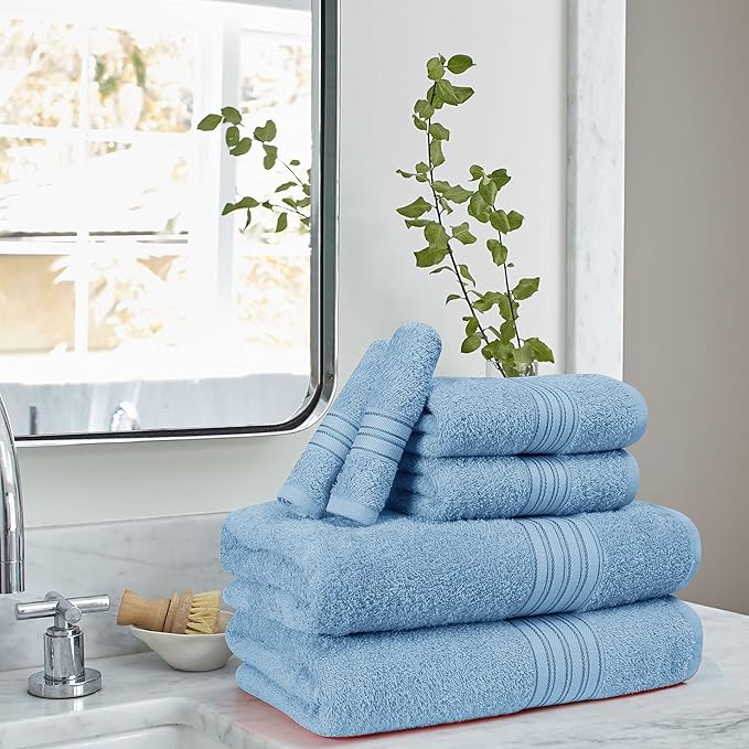 BOUTIQUO 6 Pack Cotton Towel Set, Contains 2 Bath Towels 28x55 inch, 2 Hand Towels 16x24 inch & 2 Wash Coths 12x12 inch, Ideal Everyday use, Ultra Soft Compact & Lightweight - Sky Blue