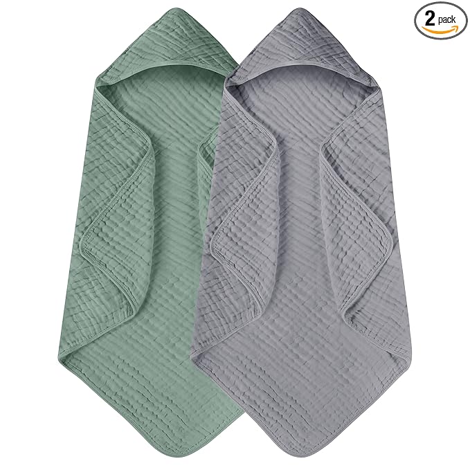 Yoofoss Hooded Baby Towels for Newborn 2 Pack 100% Muslin Organic Cotton Baby Bath Towel with Hood for Babies, Infant, Toddler and Kids, 32x32Inch, Soft and Absorbent Newborn Essential,Grey&Dark Green