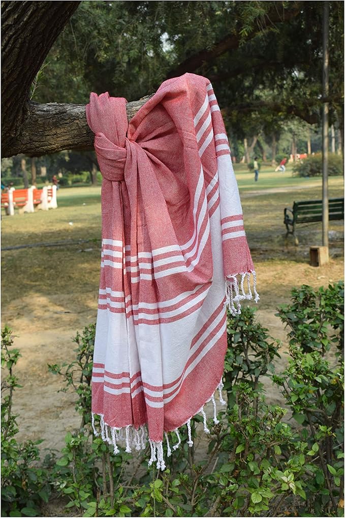 Goroly Home Cotton Turkish Peshtemal Beach Towel, Extra Large, Thin Quick Dry Sand Free Pool & Swim Towel, Bathing Blanket, Travel Essentials, (Red, 36x71 Inches)