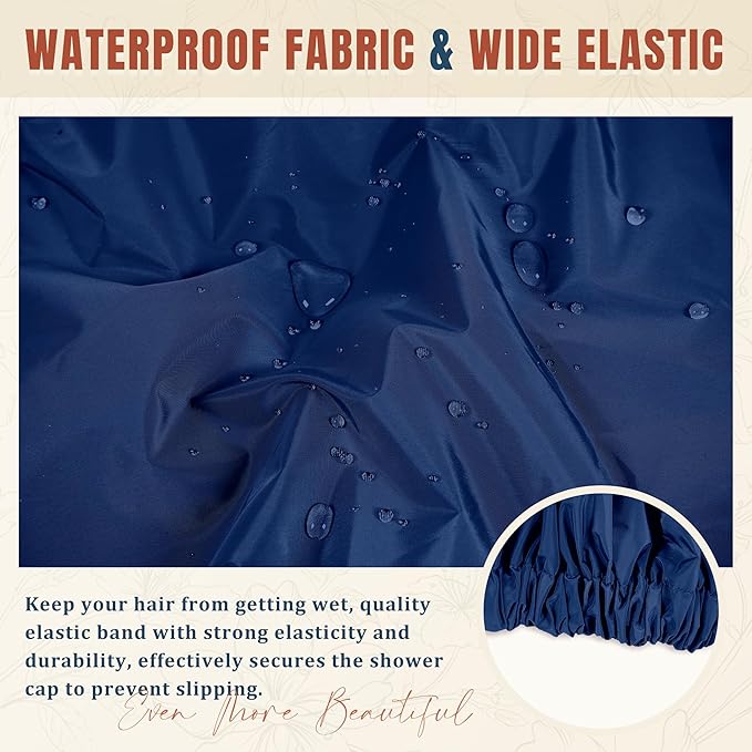 Reusable Shower Cap for Women, Large Waterproof Shower Bonnet with Elastic Band, Washable Bath Hair Cap for Long, Curly Hair, Braids, Daily Shower, Home Spa, Travel(Navy)