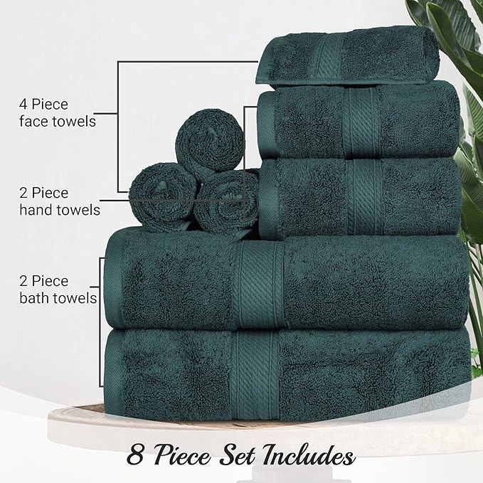 SUPERIOR Egyptian Cotton Pile 8 Piece Towel Set, Includes 2 Bath, 2 Hand, 4 Face Towels/Washcloths, Ultra Soft Luxury Towels, Thick Plush Essentials, Guest Bath, Spa, Hotel Bathroom, Teal