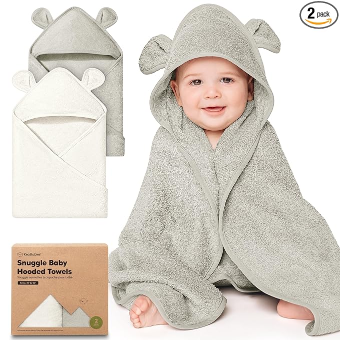 KeaBabies 2-Pack Hooded Baby Towels for Newborn - 30x30 Soft & Absorbent Viscose from Bamboo Baby Bath Towels with Hood for Infant, Toddler,Kids,Boys Girls,Newborn Bath Essentials (Graphite, Petite)