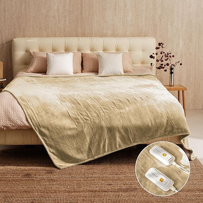 JET'S HOME Heated Blanket King 100"x90" - ETL&FCC Certified Flannel Electric Blanket Throw Machine Washable Heating Blanket with 4 Heating Levels 10 Hours Auto-Off Overheating Protection (Camel)