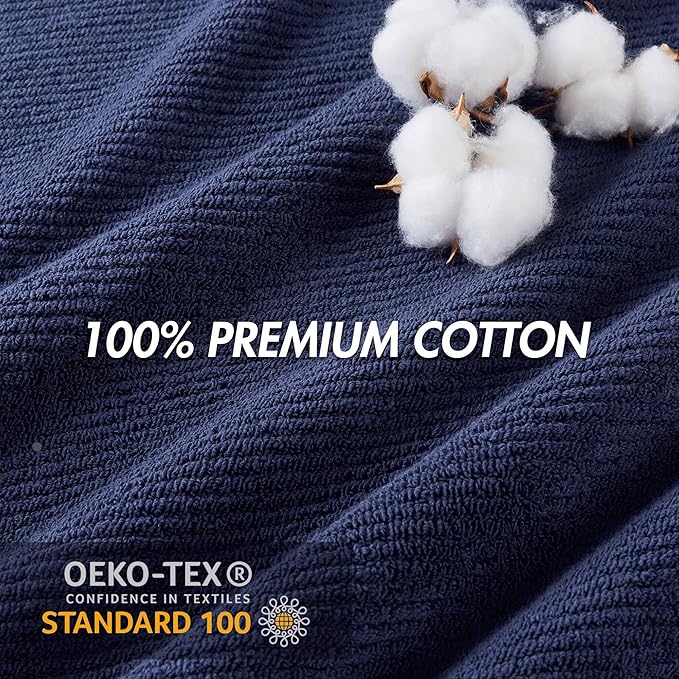 Madison Park 4-Piece Bath Towel Set for Bathroom 30" x 56" Large Diagonal Ribbed, Navy - 100% Cotton Soft Quick Dry & Absorbent Gift | Zero Twist, 500 GSM, Oeko-TEX, Hotel Quality